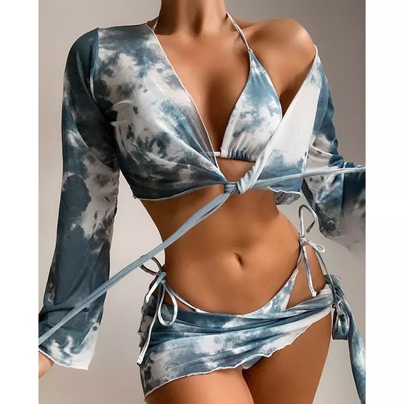 Baby Blue Boho Beachy Tie Dye 4 Piece Bikini Set - Picture 2 of 7